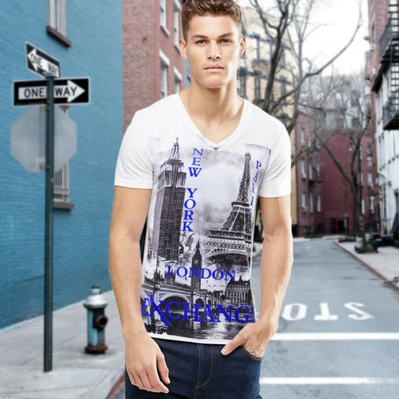 NWT EXCHANGE NY PARIS LONDON MEN'S WHITE V-NECK SHORT SLEEVE T-SHIRT SIZE S M - Picture 1 of 3